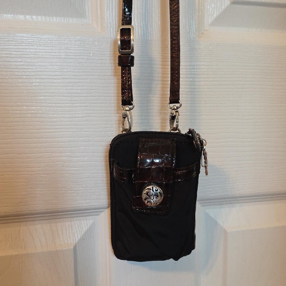 Brighton Black Leather Wallet-Purse Bag Crossbody Silver Tone Metal Hardware.